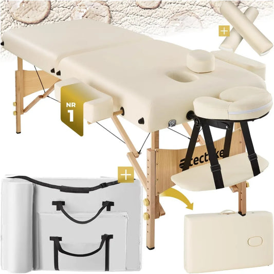 Lettino Massaggio Pieghevole a 2 Zone con Accessori Completi - Beige