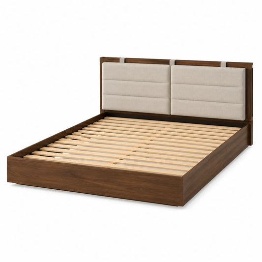 Letto matrimoniale in legno con testiera tessuto beige 200x160 cm