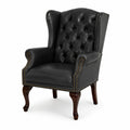 Poltrona in Pelle Nera con Schienale Alto e Gambe in Legno