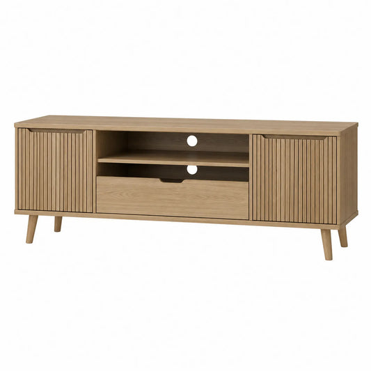 Mobile TV in legno MDF con ante a doghe e cassetto 150x40x50 cm Naturale