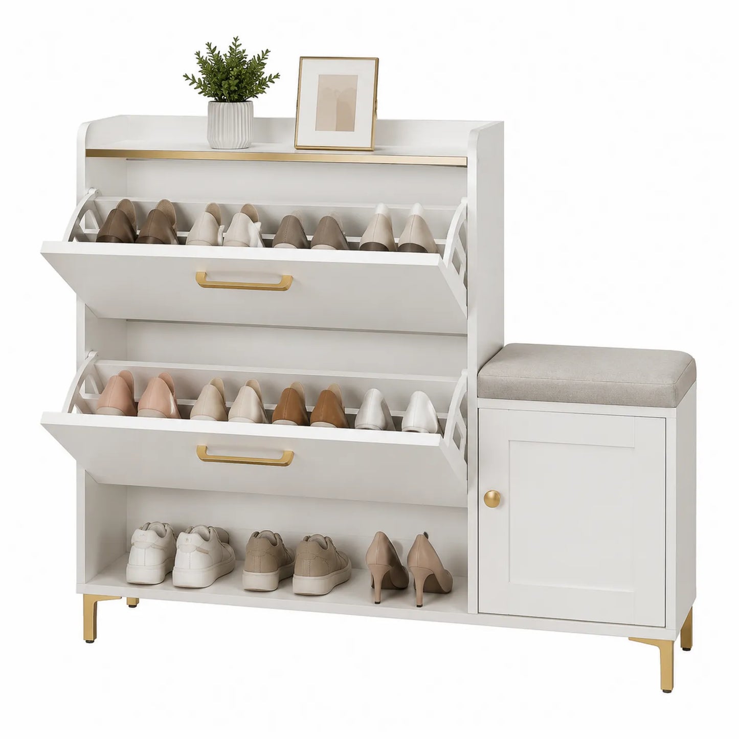 Scarpiera in legno MDF bianco con panca imbottita e armadietto