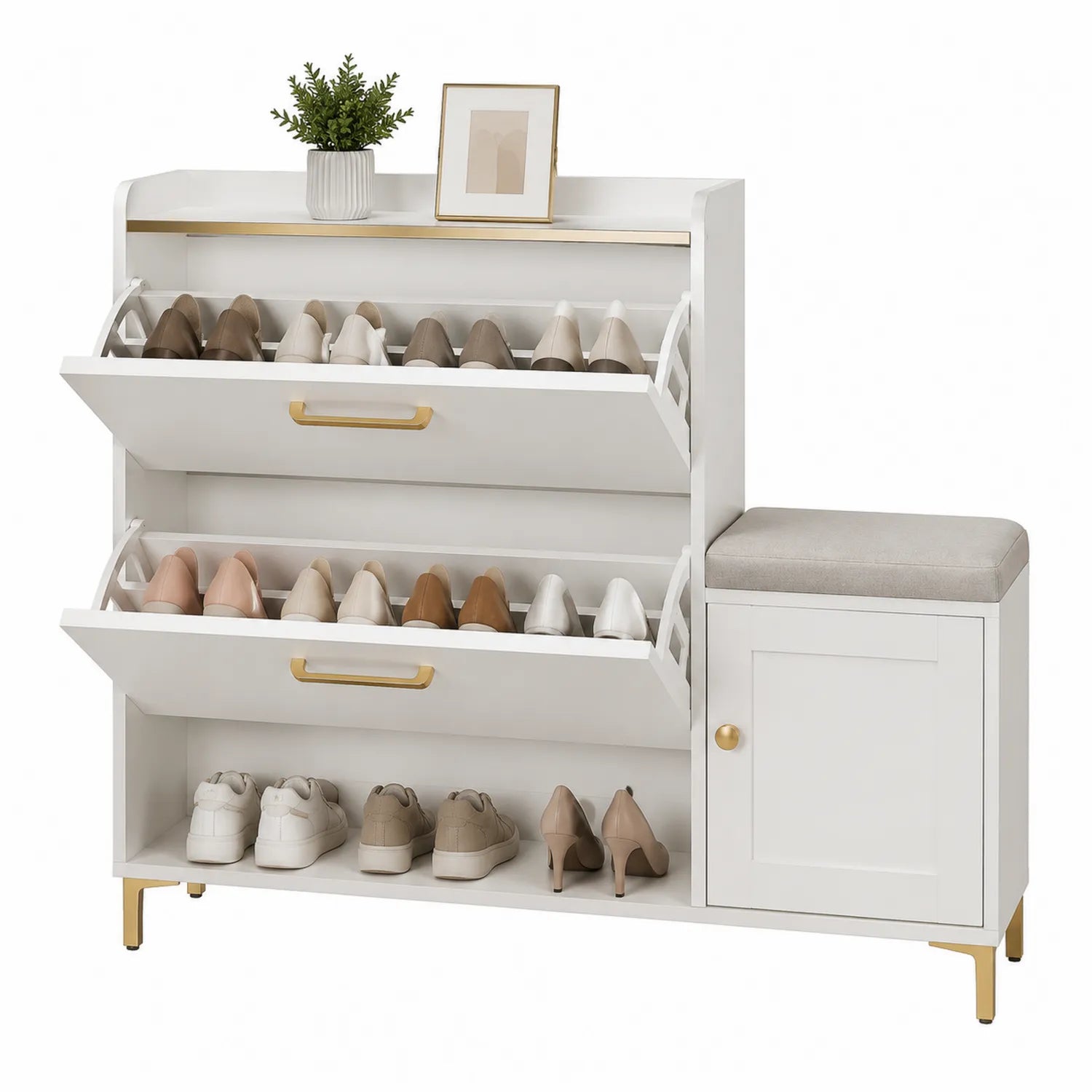 Scarpiera in legno MDF bianco con panca imbottita e armadietto