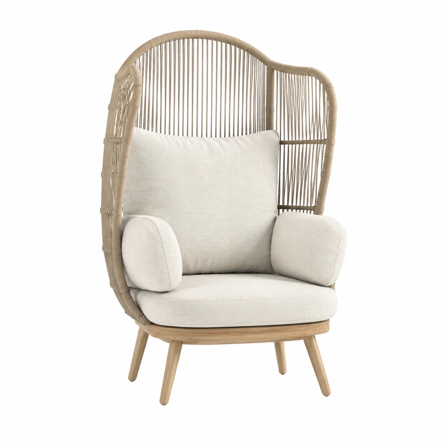 Poltrona in Rattan con Cuscini in Tessuto Beige