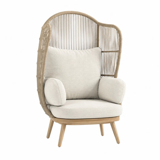 Poltrona in Rattan con Cuscini in Tessuto Beige
