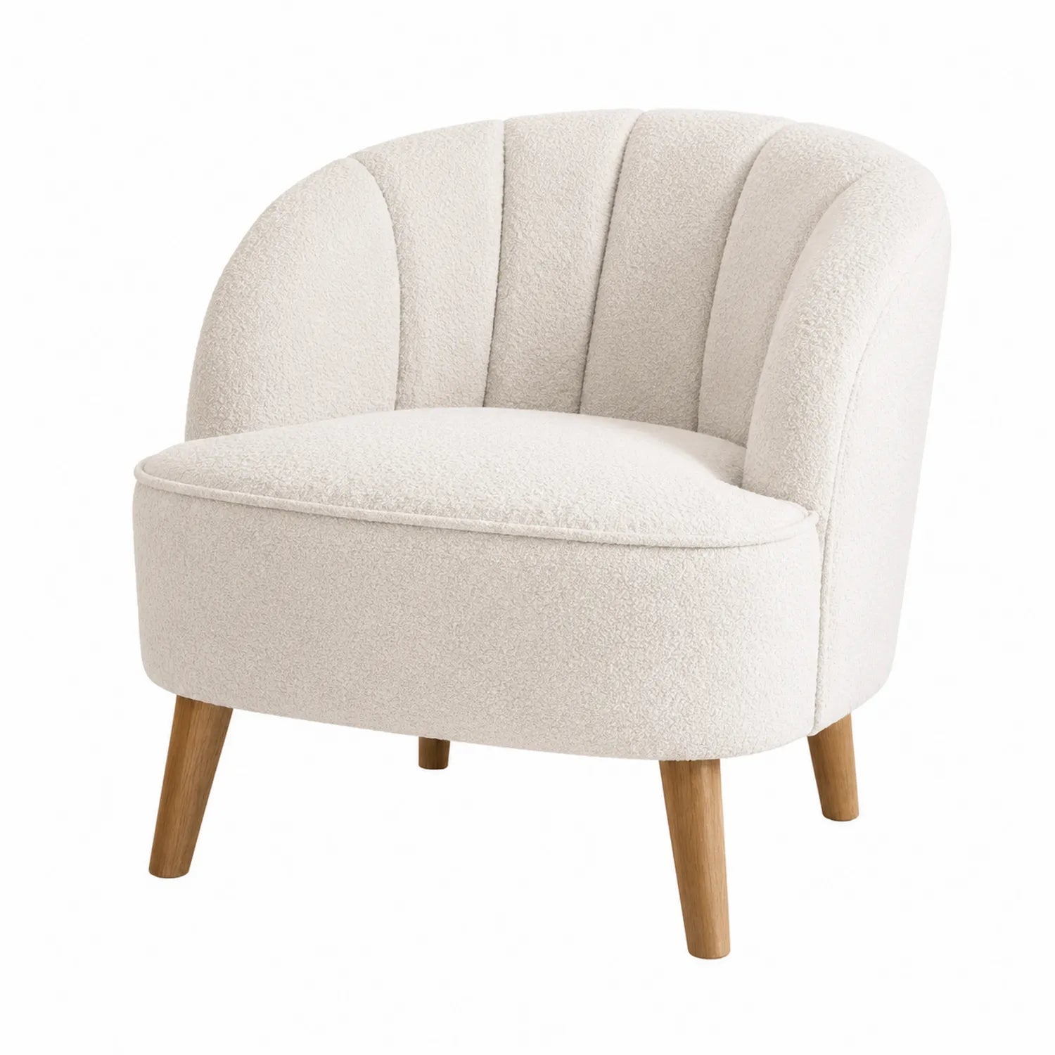 Poltrona in tessuto bouclé bianco con gambe in legno