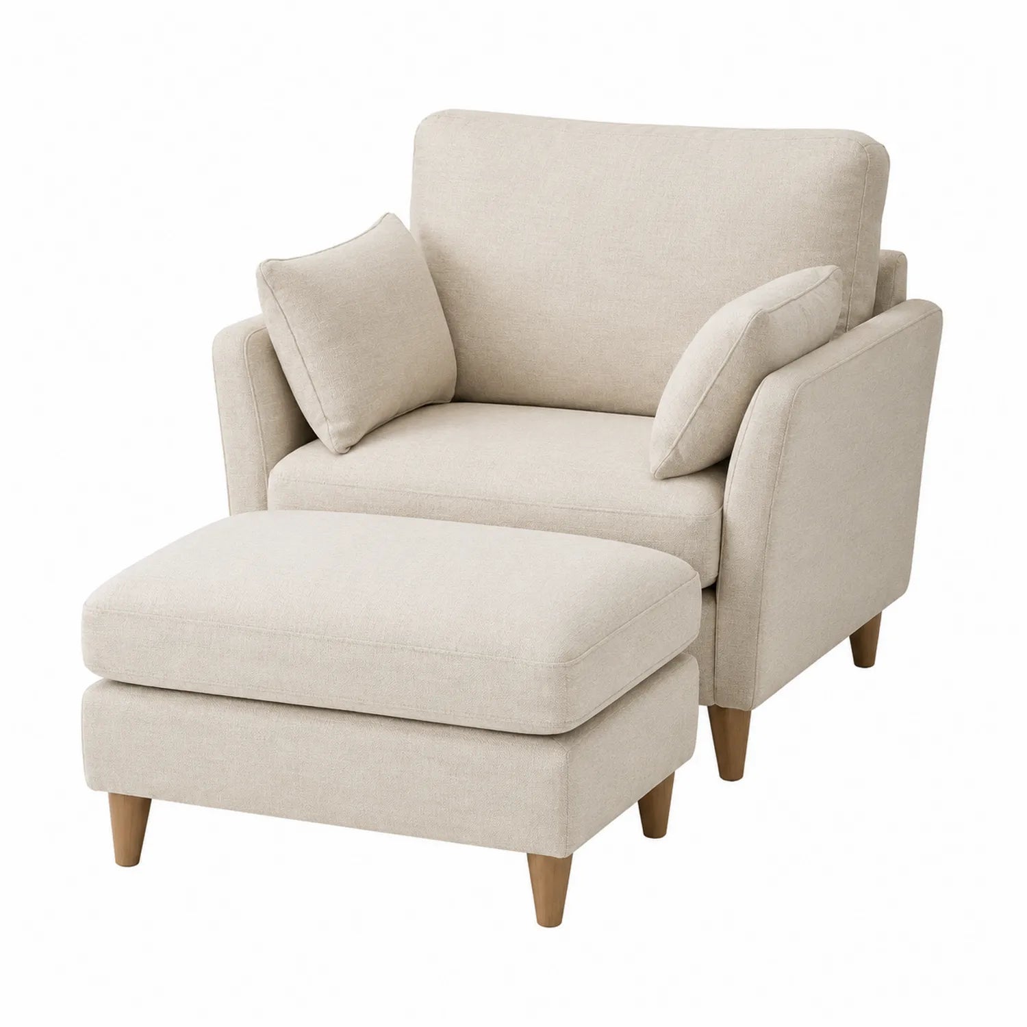 Poltrona con Poggiapiedi in Tessuto Beige e Gambe in Legno