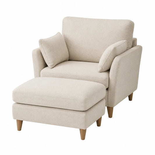 Poltrona con Poggiapiedi in Tessuto Beige e Gambe in Legno