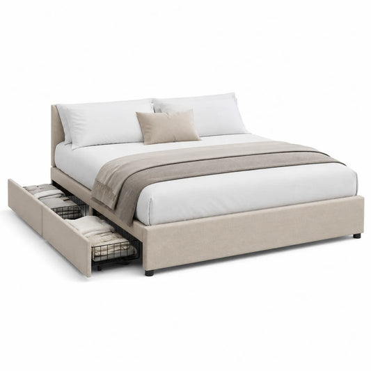 Letto Matrimoniale in Tessuto Beige con Contenitore e Cassetti 200x160 cm