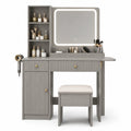 Toletta con Specchio LED e Sgabello in Legno MDF Grigio