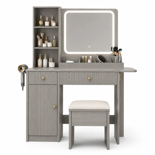 Toletta con Specchio LED e Sgabello in Legno MDF Grigio