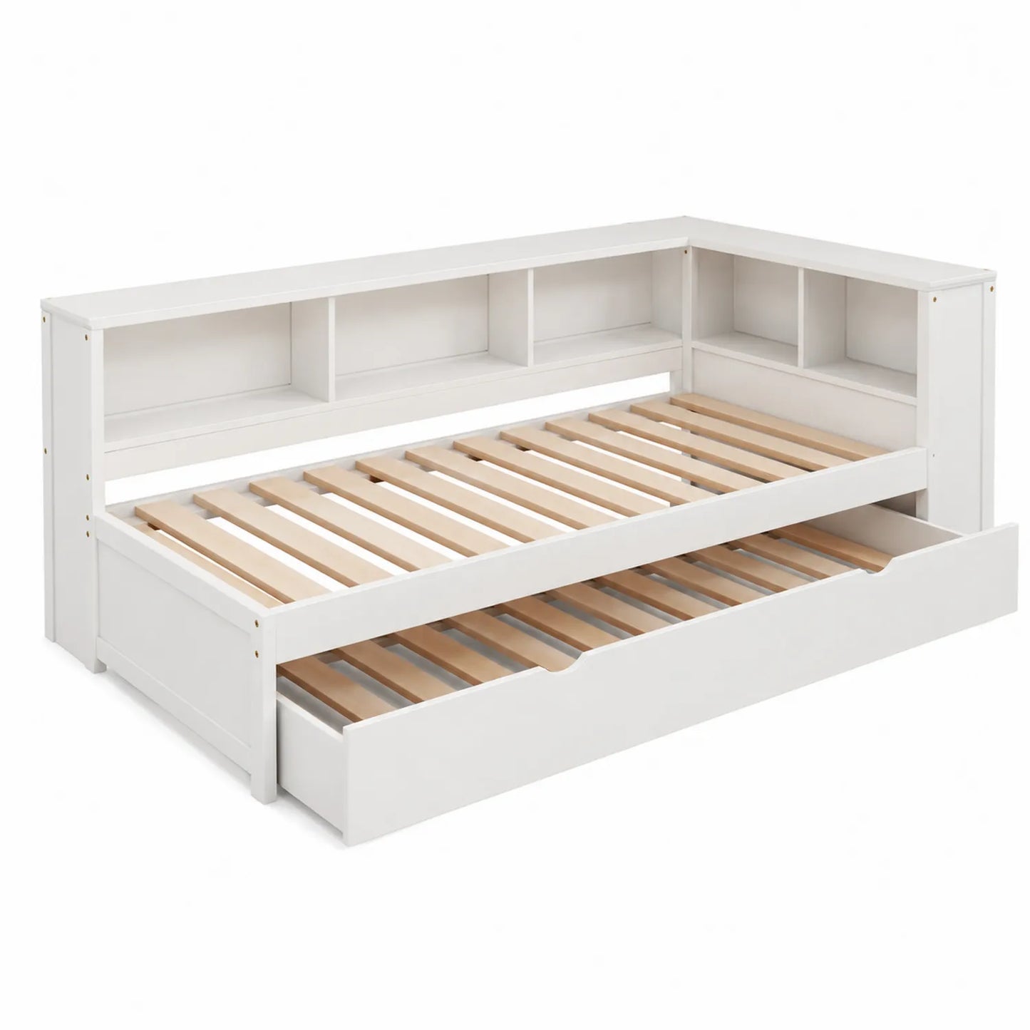 Letto Angolare con Cassetto e Scaffali in Legno Bianco
