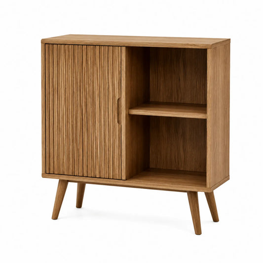 Credenza in legno di quercia con ante scorrevoli e ripiano aperto, Marrone, 80x35x90 cm