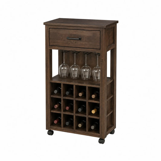 Carrello da bar in legno con portabottiglie e portabicchieri